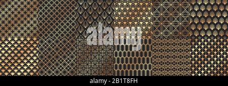 Golden Art Deco nahtlose Muster. Luxuriöse dekorative geometrische Verzierungen, goldene geometrische Formen und Vektor-Set im Vintage-Muster Stock Vektor