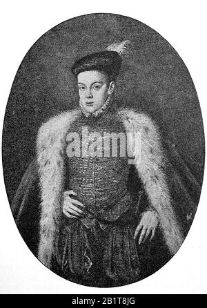 Carlos, Fürst von Asturien, auch Don Carlos, 1545 - 1568, war der älteste Sohn und Erbe von König Philipp II. Von Spanien/Don Carlos, Carlos de Österreich, Kriegsankind von Spanien aus dem Haus Österreich und als Solcher von 1560 bis zum Tode von 1568 Fürst von Asturien, historisch, Digitale verbesserte Wiedergabe eines Originals aus dem 19. Jahrhundert / Digitale Produktion einer Originalanlage aus dem 19. Jahrhunderts Stockfoto