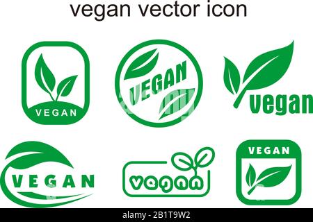 Veganer Symbolsatz. Bio, Ökologie, Organische Logos und Abzeichen, Label, Tag. Grünes Blatt auf weißem Hintergrund. Vegan Food Vector Illustration für Grafik und Web Stock Vektor