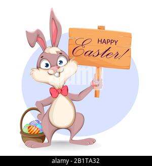 Frohe Ostern Grußkarte. Cartoon-Kaninchen mit Holzschild und Korb voller farbiger Eier. Bestandsvektor Stock Vektor