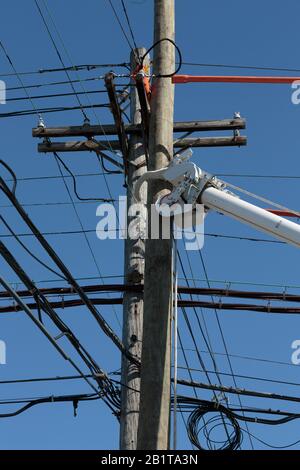 Eine Bildfolge eines Holz-Elektroversorgungsmastes, der im Laufe mehrerer Tage ersetzt wird. Stockfoto