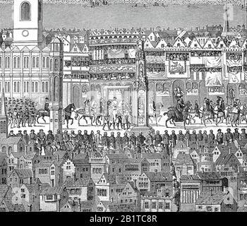 Edward VI., Edward Tudor, 12. Oktober 1537 - 6. Juli 1553 in Greenwich, war der dritte Monarch der Tudor-Dynastie von 1547 bis 1553 König von England und Irland, hier der Krönungszug von 1547 / Eduard VI., Edward Tudor, Krieg als Ritter Monarch der Tudordynastie von 1547 bis 1553 König von England und Irland, hier der Krönungszug von 1547, historisch, digital verbesserte Wiedergabe eines Originals aus dem 19. Jahrhundert / Digitale Produktion einer Originalanlage aus dem 19. Jahrhunderts Stockfoto