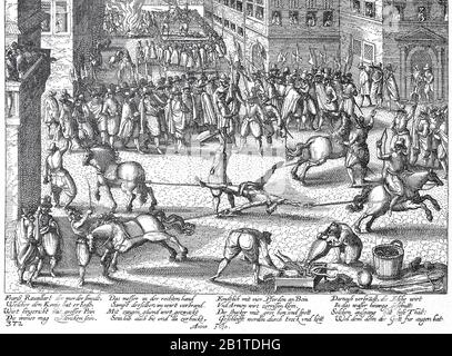 Francois Ravaillac, 1578 - 1610, war ein französischer katholischer Zealot, der 1610 König Heinrich IV. Von Frankreich ermordete und von vier Pferden auseinandergezogen wurde, eine Hinrichtungsmethode, die für Regenzide/die Hinweise durch Vierteilchen des Königsmörders Ravaillac, Francois Ravaillac, Krieg der Mörder König von Frankreich IV. Reserviert war. Historisch, digital verbesserte Wiedergabe eines Originals aus dem 19. Jahrhundert / Digitale Produktion einer Originalanlage aus dem 19. Jahrhunderts Stockfoto