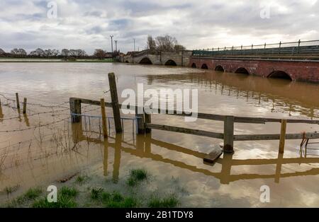 Überschwemmung der landwirtschaftlichen Felder und Straßen nach starken Regenfällen und Sturm Dennis an der Bubwith Bridge, Selby, North Yorkshire, Großbritannien. Querformat Stockfoto