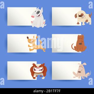 Cartoon-Illustration von Lustigen Hunden und Welpen mit weißen Karten oder Boards Greeting oder Business Card Design Collection Stock Vektor