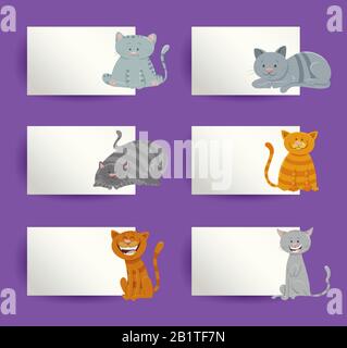 Cartoon Illustration von Lustigen Katzen und Kätzchen mit weißen Karten oder Boards Grußkarte oder Business Card Design Collection Stock Vektor