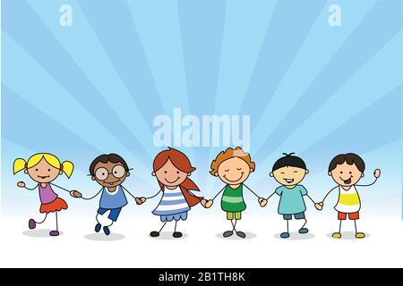 Glückliche Kinder halten Hände, Kinder Illustration von Jungen und Mädchen spielen Stockfoto
