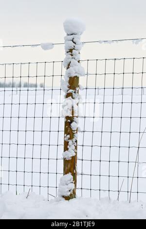 Holzzaunpfosten und Drahtzäune, die im Februar 2019 in einem Feld in der Nähe von Haydon bei Taunton, Somerset, England, Großbritannien, in Schnee bedeckt waren Stockfoto