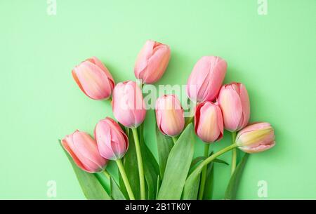Frühling, ostern. Rosa-Tulpen-Bouquet auf grünem Hintergrund, Draufsicht. Vorlage für Grußkarten für Damen- oder Muttertag Stockfoto