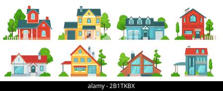 Vorstadthaus. Immobilienfassaden, Ferienhäuser und Landhäuser mit Dachvektorsatz Stock Vektor