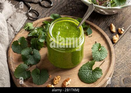 Pesto aus jungen Blättern aus Knoblauchsenf oder Alliaria petiolata - eine wilde essbare Pflanze, die im Frühjahr wächst Stockfoto