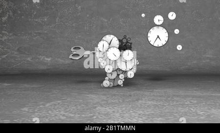 Abstrakte Kunst 3D-Darstellung von Blow Your Mind Clock Gesichtern verschiedener Größen mit klassischen Stunden- und Minutenpfeilen in der grauen Kulisse. Mehrere Soarclo Stockfoto
