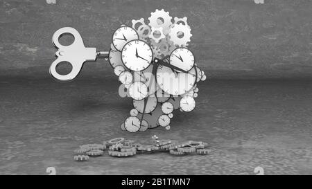 Eindrucksvolle 3D-Darstellung von Blow Your Mind Clock Wählscheiben in verschiedenen Größen mit klassischen Stunden- und Minutenpfeilen, gemischt mit Zoggen in der grauen Kulisse. Stockfoto