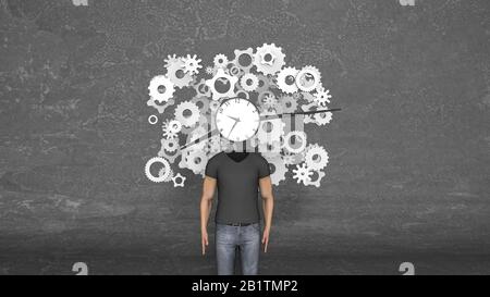 Fantasievolle 3D-Illustration der "Blow Your Mind"-Uhr mit langen Pfeilen, die auf große Kogs und einen kopflosen Mann im T-Shirt gesteckt werden, das im grauen Hinterteil darunter steht Stockfoto