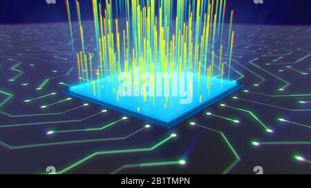 Beeindruckende 3D-Darstellung einer quadratischen cpu mit gelben Strahlen. Er befindet sich auf der Oberfläche, die mit elektronischen Zickzack-Linien auflagefähig platziert ist. Stockfoto