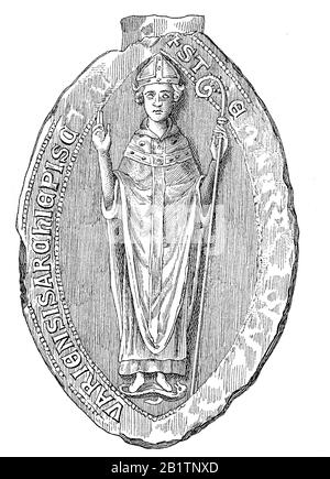 Das Siegel von Stephan Langtons, Erzbischof von Canterbury, Stephen Langton, 1150 - 9. Juli 1228, war ein englischer Kardinal der Römisch-katholischen Kirche und Erzbischof von Canterbury zwischen 1207 und seinem Tod 1228 / das Siegel von Stephan Langtons, Erzbischof von Canterbury, Stephen Langton, auch Stephan Langton, Ein englischer Theologe, Doktor nominatissimus, Kardinal und von 1207 bis 1228 Erzbischof von Canterbury, historisch, digital verbesserte Wiedergabe eines Originals aus dem 19. Jahrhundert / Digitale Reproduktion einer Originalanlage aus dem 19. Jahrhunderts Stockfoto