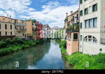 Traditionelle Kanalstraße mit bunten Gebäuden, grünen Büschen und blauem Himmel in Padova, Italien. Lebendiges italienisches Stadtbild Stockfoto