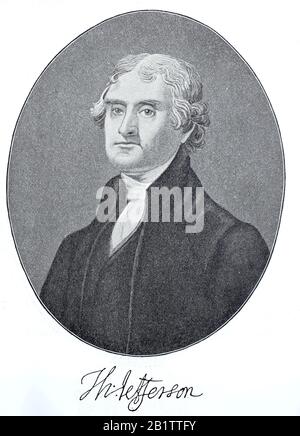 Thomas Jefferson, 13. April 1743 - 4. Juli 1826, war ein US-amerikanischer Staatsmann, Diplomat, Rechtsanwalt, Architekt, Philosoph und Gründervater, der von 1801 bis 1809 als dritter präsident der Vereinigten Staaten wirkte / Homas Jefferson, Kriegseiner der Gründerväter der Vereinigten Staaten, Von 1801 bis 1809 der Dritte amerikanischer Präsident, historisch, digital verbesserte Wiedergabe eines Originals aus dem 19. Jahrhundert / Digitale Reproduktion einer Originalanlage aus dem 19. Jahrhunderts Stockfoto