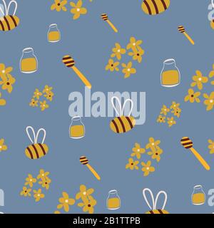 Gelbe Bienen und Honig nahtloses Vektormuster Stock Vektor