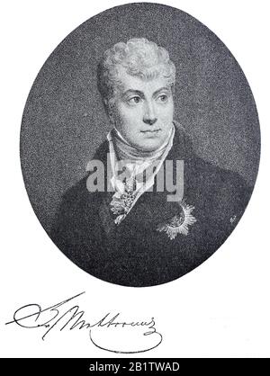 Klemens Wenzel Nepomuk Lothar, Fürst von Metternich-Winneburg zu Beilstein, Klemens Wenzel Nepomuk Lothar Fürst von Metternich-Winneburg zu Beilstein, 15. Mai 1773 11. Juni 1859, war ein österreichischer Diplomat / Klemens Wenzel Lothar von Metternich, vollständig Clemens Wenceslaus Nepomuk Lothar, Fürst BZW. Bis zum Jahre 188 Graf von Metternich-Winneburg zu Beilstein, österreichischer Dipl. Politiker und Staatsmann, historisch, digital verbesserte Wiedergabe eines Originals aus dem 19. Jahrhundert / Digitale Produktion einer Originalanlage aus dem 19. Jahrhunderts Stockfoto