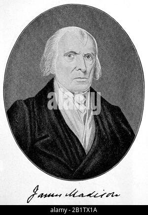 James Madison Jr., 16. März 1751 - 28. Juni 1834, war ein amerikanischer Staatsmann, Jurist, Diplomat, Philosoph und Gründervater, der von 1809 bis 1817 als vierter präsident der Vereinigten Staaten tätig war / James Madison, war von 1809 bis 1817 der Präsident der Vereinigten Staaten von Amerika, historisch, Digitale verbesserte Wiedergabe eines Originals aus dem 19. Jahrhundert / Digitale Produktion einer Originalanlage aus dem 19. Jahrhunderts Stockfoto