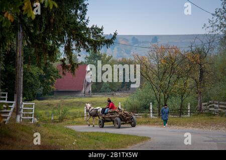 Pferdekutsche mit Unbekannten, die am Rasca-Kloster vorbeikommen, eines der berühmten gemalten Klöster der Bucovina-Region, das durch den 16. Cent entstanden ist Stockfoto