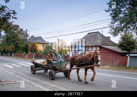 Arbore, RUMÄNIEN - 07. OKTOBER 2014: Pferdekutsche mit Unbekannten, die an orthodoxen Klöstern der Bucovina vorbeiziehen. Kloster Arbore, erbaut im 1 Stockfoto