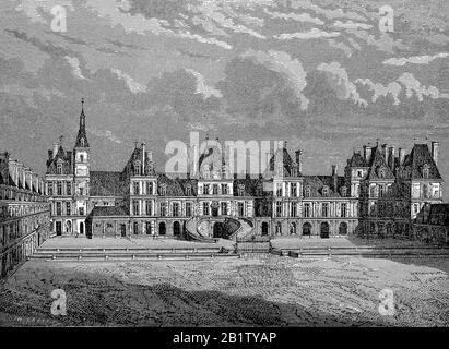 Schloss Fontainebleau, oder Chateau de Fontainebleau, eines der größten französischen Königsgüter châteaux / Schloss Fontainebleau in Fontainebleau, Departement seine-et-Marne, ist ein französisches Schloss rund 60 km südlich von Paris, das zeitweilige Teil des von Kaiser Napoleon Bonaparte geobachten, wurde historisch, historisch Digitale verbesserte Wiedergabe eines Originals aus dem 19. Jahrhundert / Digitale Produktion einer Originalanlage aus dem 19. Jahrhunderts Stockfoto