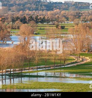 Überschwemmte Felder und Ackerland nach starken Regenfällen im Februar 2020 im River Avon Valley in Hampshire Stockfoto