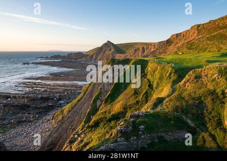 Die Klippen am Speke's Mill Mouth und am St Catherine's Tor in der Nähe von Hartland Quay an der Küste von Nord-Devon, England. Stockfoto