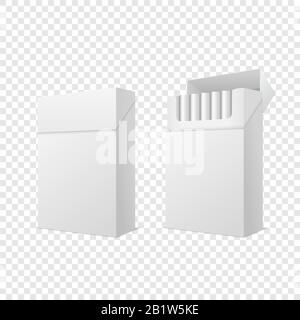 Vector Realistic Geschlossen und Geöffnet Clear Blank Leer und mit Cigarettes Pack Box Isoliert auf Transparentem Hintergrund. Designvorlage. Rauch Stock Vektor
