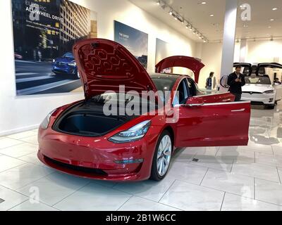 Orlando, FL/USA-2/17/20: Ein Tesla-Modell 3 in einem Tesla-Einzelhandelsgeschäft. Tesla ist ein Elektroautomobilunternehmen im Besitz von Elon Musk. Stockfoto