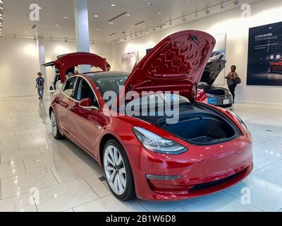 Orlando, FL/USA-2/17/20: Ein Tesla-Modell 3 in einem Tesla-Einzelhandelsgeschäft. Tesla ist ein Elektroautomobilunternehmen im Besitz von Elon Musk. Stockfoto