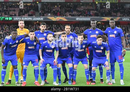 London, Großbritannien. Februar 2020. Olympiacos Spieler beim UEFA Europa League-Spiel zwischen Arsenal und Olympiacos F.C. im Emirates-Stadion, London am Donnerstag, 27. Februar 2020. (Credit: Ivan Yordanov   MI News)nur redaktionelle Verwendung Credit: MI News & Sport /Alamy Live News Stockfoto