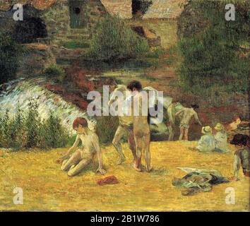 Bretonische Boys Bading (das Baden an der Mühle in Bois Damour, Pont-Aven) (1886) Gemälde aus dem 19. Jahrhundert, Paul Gauguin, hochauflösende Bilder Stockfoto