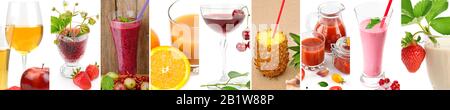 Panorama-Kollektion frischer Saft aus Obst und Gemüse im Glas isoliert auf weißem Hintergrund. Collage.Weitwinkelfoto. Stockfoto