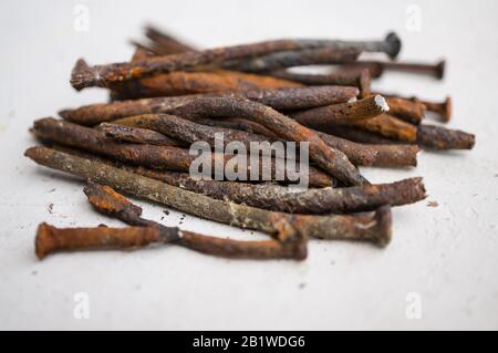 Alte rostige Nägel in der Nähe. Makro. Weicher Fokus. Stockfoto