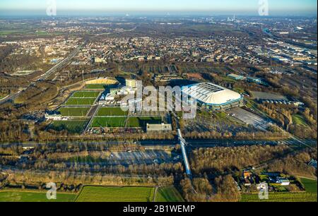 Luftbild, Schalker Feld, Landesliga-Stadion, Premier League, Fußballhalle, Trainingsgelände neben der Veltins-Arena, Schalke 04, im fo Stockfoto