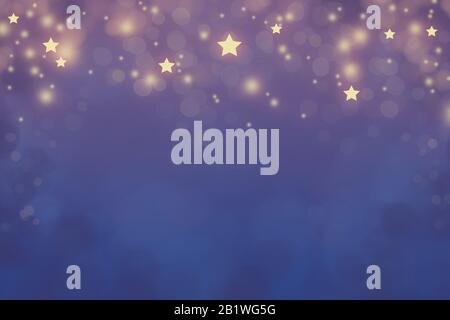 Abstrakt glänzende goldene Sterne und bestreut dunkelblauen und violetten Gradientenhintergrund Stockfoto