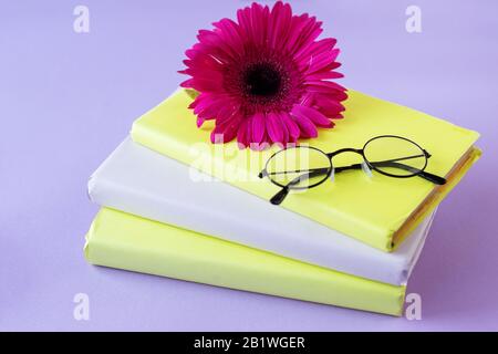 Drei Bücher, Lesebrille und Bleistift. Blumen. Konzept zurück zur Schule, Bildung, internationaler Büchertag, Hobby. Stockfoto