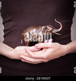 Schöne weibliche Hand, die braune Figur eines Elefanten hält. Maniküre mit pinkfarbenem nagellack Stockfoto