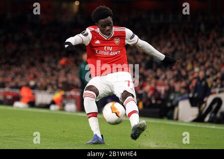 London, Großbritannien. Februar 2020. Bukayo Saka von Arsenal im Einsatz. UEFA Europa League, Runde 32, Spiel der 2. Etappe, Arsenal gegen Olympiacos im Emirates Stadium in London am Donnerstag, 27. Februar 2020. Dieses Bild darf nur für redaktionelle Zwecke verwendet werden. Nur redaktionelle Nutzung, Lizenz für kommerzielle Nutzung erforderlich. Keine Verwendung bei Wetten, Spielen oder Einzelpublikationen für Vereine/Liga/Spieler. Pic von Steffan Bowen/Andrew Orchard Sportfotografie/Alamy Live News Credit: Andrew Orchard Sportfotografie/Alamy Live News Stockfoto
