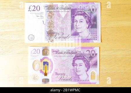 Eine alte Note von 20 £und das neue Polymer £20, die am 20. Februar 2020 in Großbritannien veröffentlicht wurde Stockfoto