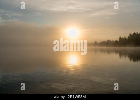 Wunderschöne goldene Sonne leuchtet durch Nebel am Wasser während des frühen Sonnenaufgangs, Sommer, Himmel Reflexion in ruhigem Wasser Stockfoto