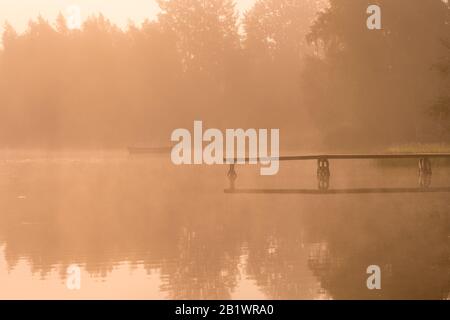 Schöne goldene Sonne leuchtet bei frühem Sonnenaufgang durch dichten Nebel am See, lange Holzbrücke, Bäume, Himmelsreflexion in ruhigem Wasser Stockfoto