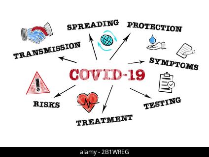 COVID-19. Transmission, Spreading, Simptoms, Treatment and Risks Concept. Diagramm mit Schlüsselwörtern und Symbolen auf weißem Hintergrund Stockfoto