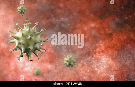 Ausbruch der Coronaviruszellen, Epidemie der Coronavirus-Krankheit 2019-2020. COVID-19, verursacht durch den SARS-COV-2-Virus. 3D-Rendering Stockfoto