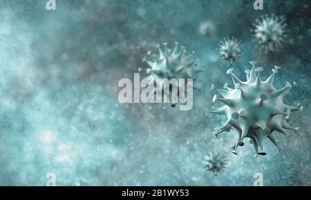 Ausbruch der Coronaviruszellen, Epidemie der Coronavirus-Krankheit 2019-2020. COVID-19, verursacht durch den SARS-COV-2-Virus. 3D-Rendering Stockfoto