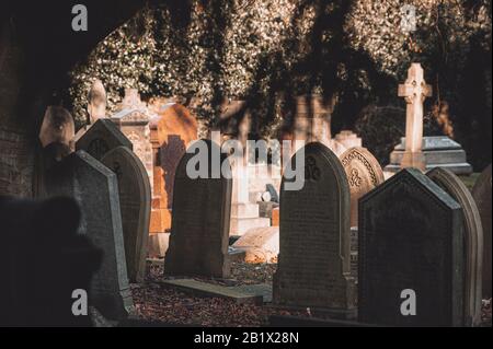 Entsäumtes Bild eines Friedhofs mit zahlreichen alten Grabsteinen. Stockfoto