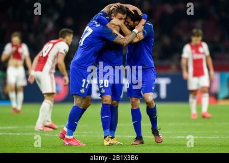 Amsterdam, Niederlande. Februar 2020. Getafe-Spieler feiern während der Europa-League-Runde mit 32 Spielen zwischen AFC Ajax und Getafe C.F. in der Johan Cruijff Arena in Amsterdam am 27. Februar 2020 (Foto von Andrew SURMA/ Credit: SIPA USA/Alamy Live News Stockfoto